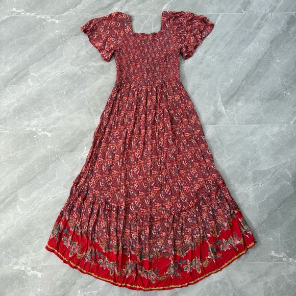 Women’s Angie Floral Maxi Flowy Slit Dress Boho Smocked Hippie Cottage Small - Picture 8 of 16